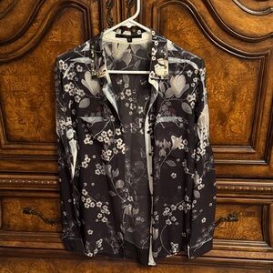 Guess Black Sheer Floral Button-Up with Cream Accents Size M
